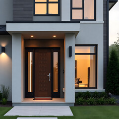 Modern House Exterior at Night: Contemporary Home Design and Architecture.  Luxury Real Estate Property with Elegant Facade and Landscaping.