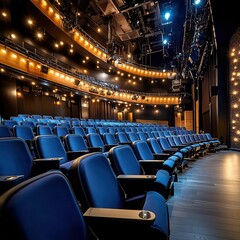 Naklejka premium Empty theater seating with modern blue chairs under stage lights.