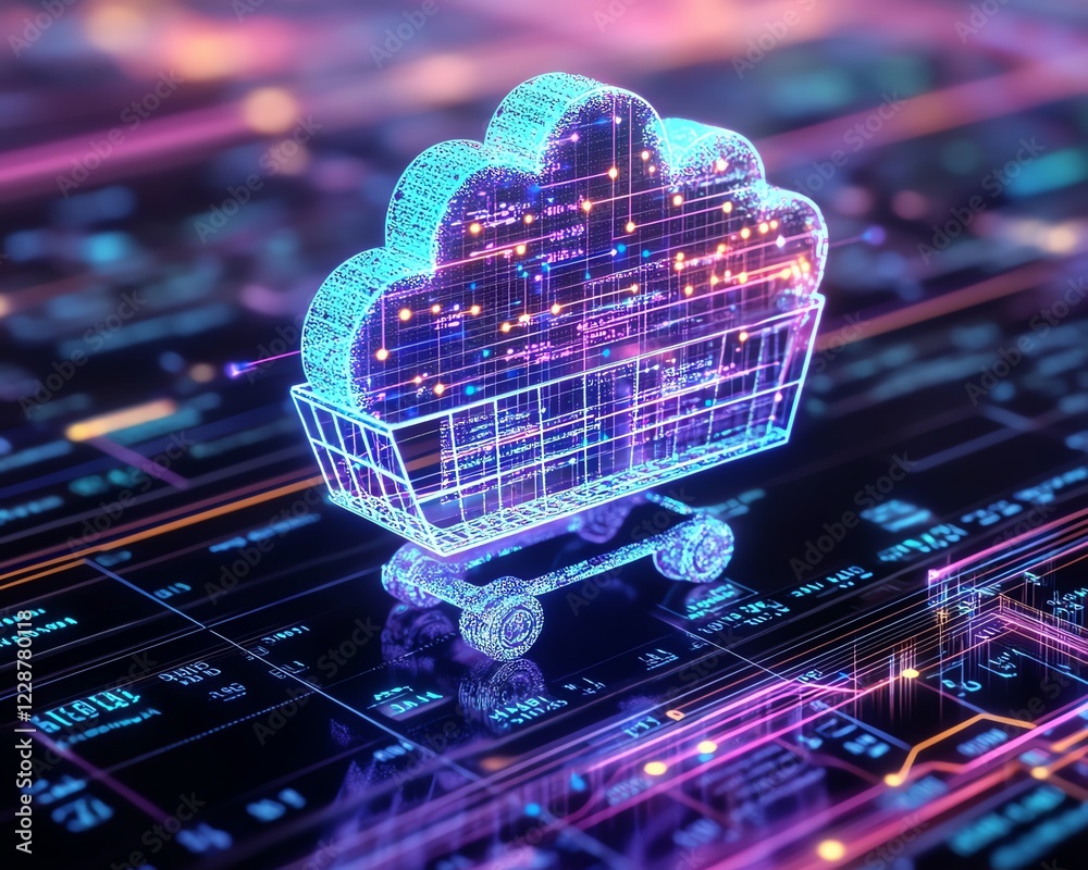 Poster Cloud computing integrated with online shopping, futuristic digital shopping interface, ultrarealistic 3D rendering, glowing data flows, hightech design