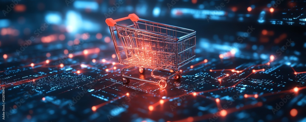 Poster cloud computing powering online shopping experience, glowing shopping cart and data streams, photore