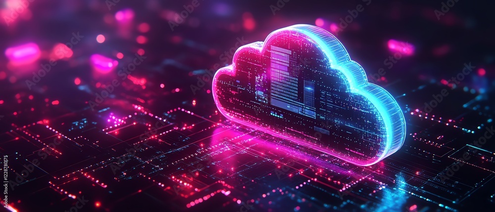 Aufkleber Cloud computing systems with encryption, location data processing, and server management, futuristic scitech design, hyperrealistic 3D rendering, glowing lights
