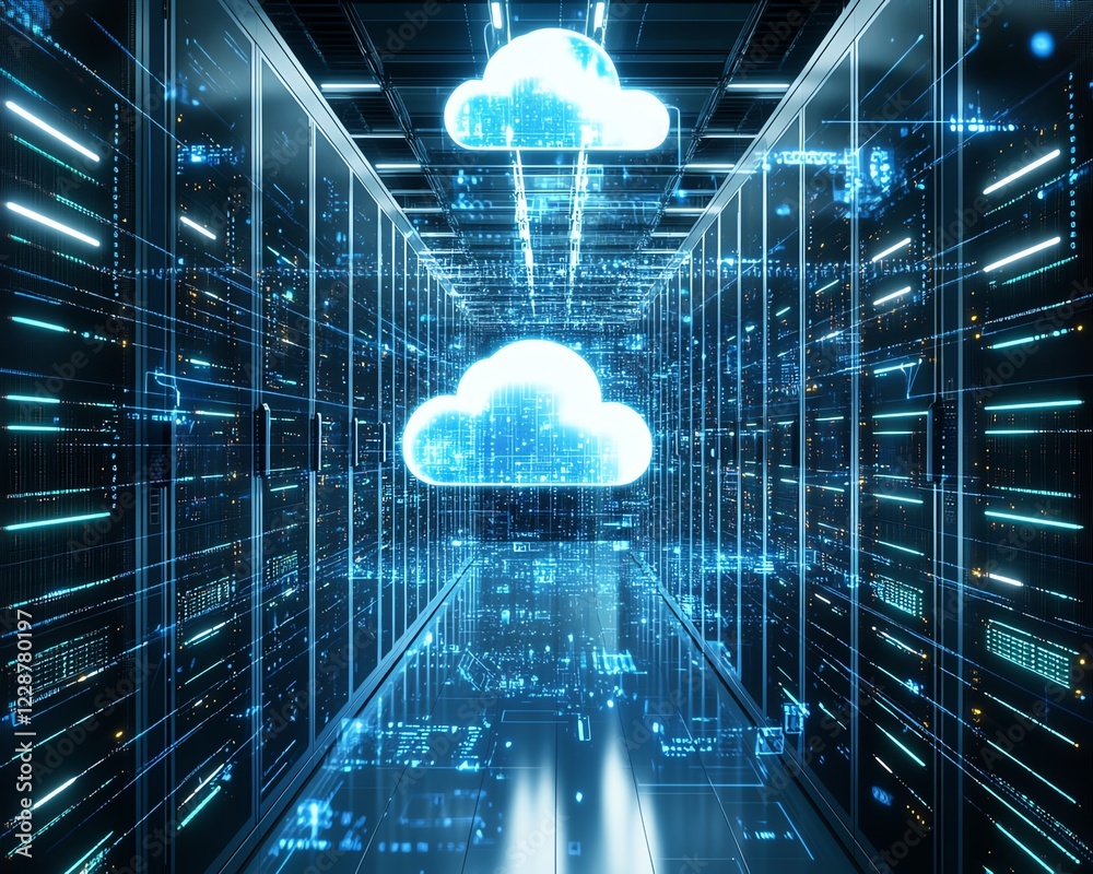 Aufkleber Cloud computing with encryption and locationbased services, server infrastructure, hightech digital background, ultradetailed 3D rendering, glowing data flows