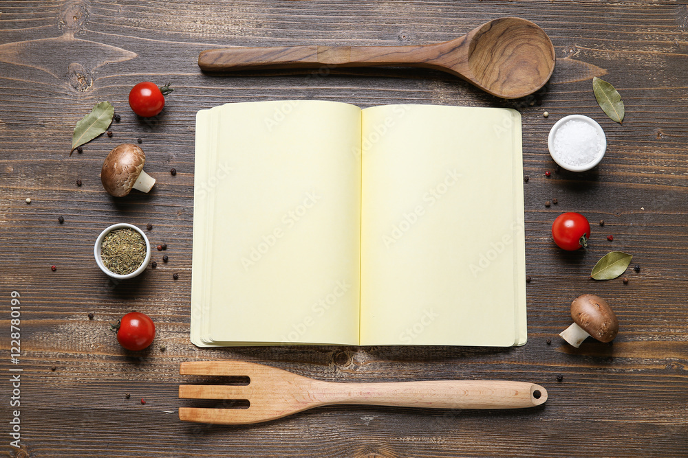 Canvas Prints Composition with blank recipe book, cutlery, vegetables and spices on wooden background