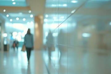 Blurred shopper walking in bright modern mall corridor.