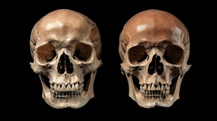 Obraz premium Human skull isolated Front and back view of natural human skull on isolated black background