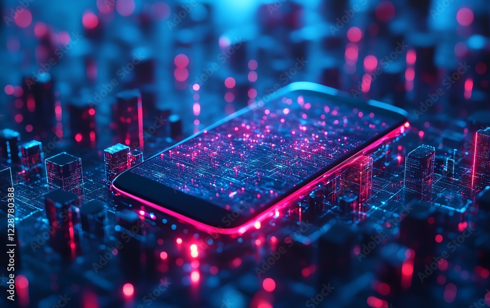 Poster mobile phone placed among blue figurines, network communication signals, ultradetailed 3d rendering,