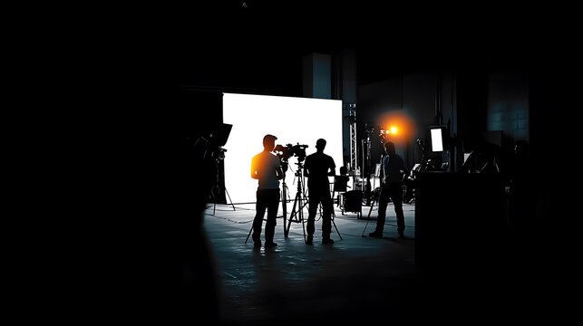 Silhouette images of video production behind the scenes or b-roll or making of TV commercial movie that film crew team lightman and cameraman working together with director in big studio