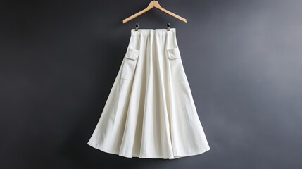 Fashion beauty style womens casual clothing Beautiful long long bright white flared skirt with pockets hanging on a hanger on a dark gray background