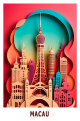 Fototapeta premium Macau city poster in papercut, cut out style image. Layered creative skyline picture for travel booklet, postcard, print, cover with landmarks, casinos, hotels