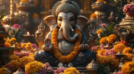 Obraz premium Golden Ganesha Shrine, Floral Offerings, Sunrise