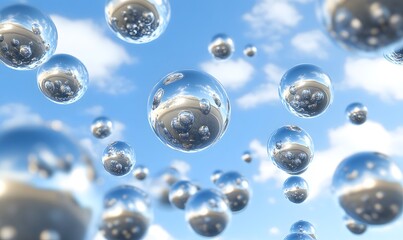 Fototapeta premium Chrome spheres float in a blue sky with clouds; abstract background