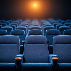 Naklejka premium Empty blue cinema seats ready for the next audience arrival.