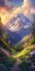 Majestic Mountain Peak Sunrise Over Blooming Alpine Meadow