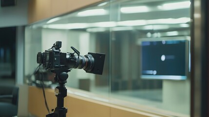 Television cameras in quiet newsroom, capturing the calm before the storm of breaking news. The essence of media preparation and anticipation in journalism