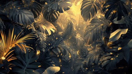 Fototapeta premium Golden tropical leaves, jungle, sunlight, fantasy background, design