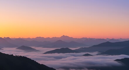 Fototapeta premium Serene mountain sunrise with soft mist, leaving a wide space for text overlay in the sky. Copyspace. Textspace