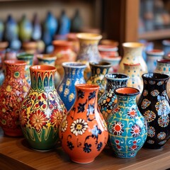 Front view of a composition of artistic painted colorful handcrafted pottery vases