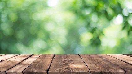 Empty rustic wooden table with defocused green lush foliage at background. Ideal for product display on top of the table. Predominant color are green and brown.