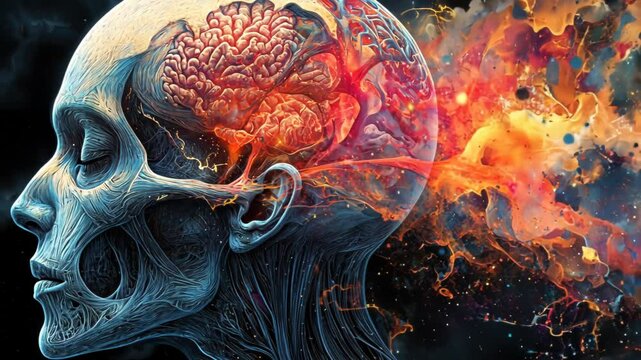 Surreal depiction of a human head with brain and colorful explosion