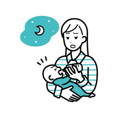 Clip art of woman raising child at night.
