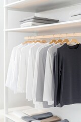 Obraz premium Minimalist clothing organized neatly on wooden hangers.