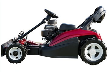 Red and black lawnmower with four wheels and a gas engine, isolated on white background.