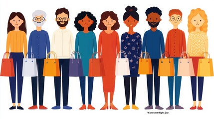 Group of Diverse Shoppers with Bags Celebrating Consumer Rights in a Colorful Illustration with a Joyful Atmosphere