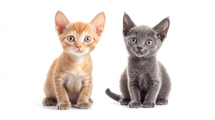 Sitting purebred sphinx cat and grey kitten isolated on white background Studio shot of ukrainian levkoy breed