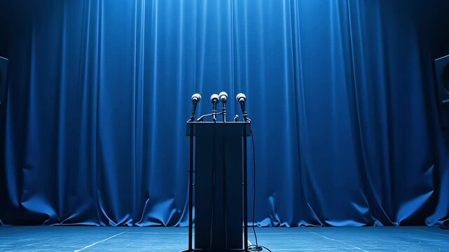 A podium stands empty with multiple microphones set up, signifying a pending press conference or speech against a backdrop of deep blue curtains