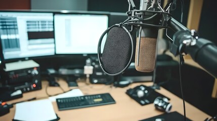 Radio station microphone in recording studio or broadcast room, working place of radio host, close up