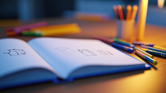 Child's Drawing Book Open on a Table with Crayons