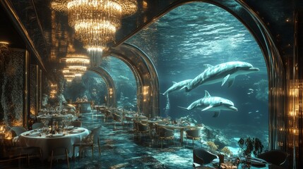 A luxurious underwater cafe with crystal chandeliers, glass floors, and a view of graceful dolphins swimming by