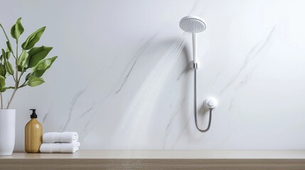 White Modern Shower Head with Water Spray Against Marble Wall