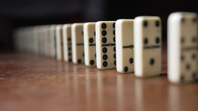 A silhouette pushes a line of white dominos, triggering a slow-motion chain reaction and showcasing the domino effect