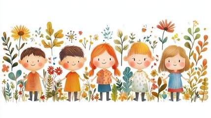 Fototapeta premium Illustration of cheerful children surrounded by colorful flowers and plants.