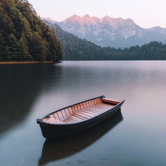 Obraz premium Serene Mountain Lake Rowboat at Dawn Peaceful Nature Scene