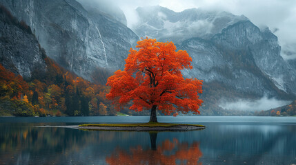 single poink  tree at foggy mountains alpine with river
