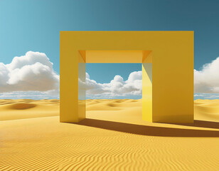 3d render, Surreal desert landscape with white clouds going into the yellow square portals on sunny day. Modern minimal abstract background