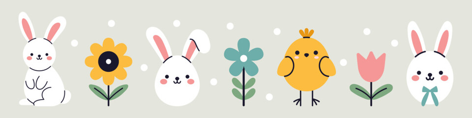 Vector set of cute baby animals. Bunnies and rabbits, chick and flowers. Funny childish springtime clipart collection in flat design. Kawaii animals. Easter objects.