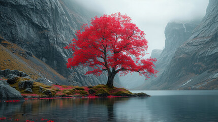 single pink  tree at foggy mountains alpine with river