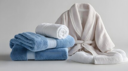 A few soft cotton towels rolled up next to a bathrobe