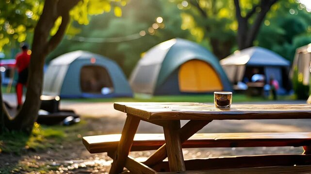 Vibrant festival campground with colorful tents and picnic tables, festive outdoor gathering space