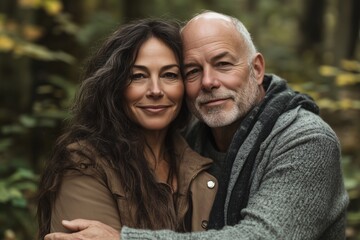 Fototapeta premium Happy senior man and young woman smiling together, showing a warm family bond. A perfect concept of love, relationships, and generational connection. Ideal for family, lifestyle, and happiness themes.