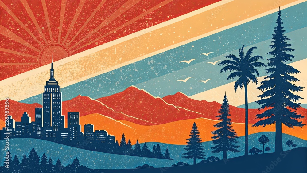 Poster a city with a mountain in the background and a palm tree in the foreground