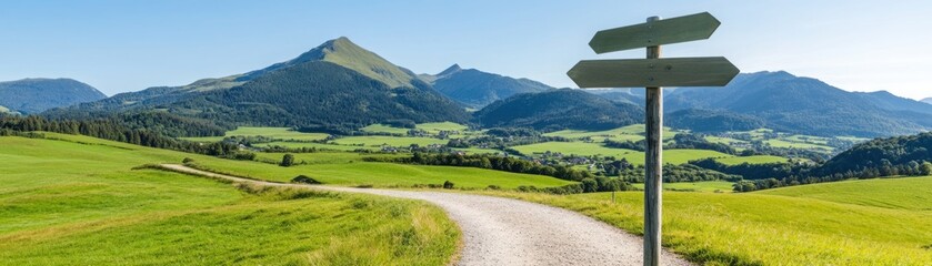 Scenic Roadway with Direction Signs Surrounded by Lush Green Hills and Mountains Under Clear Blue Sky in a Peaceful Landscape