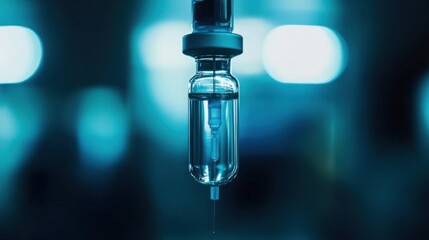 Close-Up of a Glass Medical Vial with Clear Liquid Suspended in Bright Laboratory Setting, Focus on Syringe and Needle for Injection Use