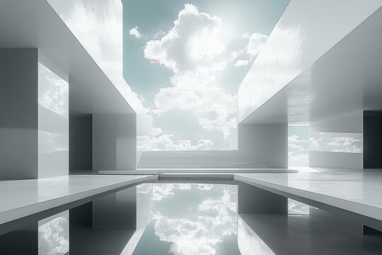 Surrealist photography, modern high-tech windows and other reflections of tranquil meadow scenes, the peace of the sky and clouds