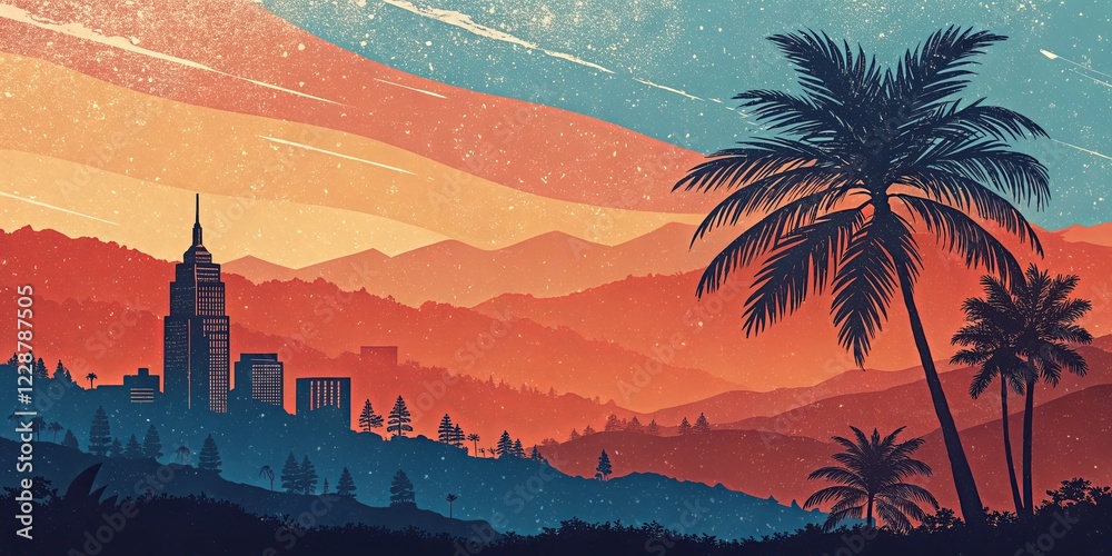 Poster A city with a mountain range in the background and a palm tree in the foreground