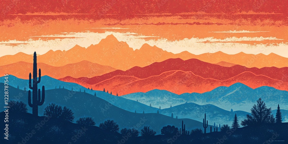 Poster a mountain range with a cactus in the foreground