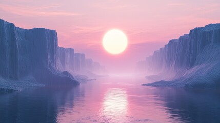 3D render of a futuristic landscape with cliffs, water, and a zen-inspired sunset or sunrise